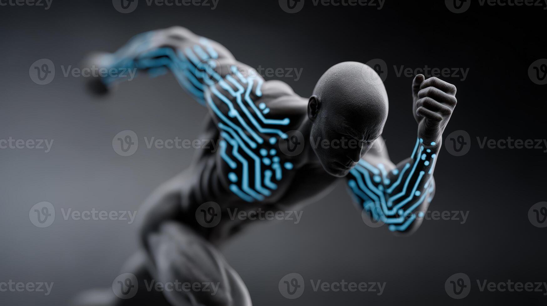 Human figure sprinting toward a glowing target in a dark environment during an intense moment photo