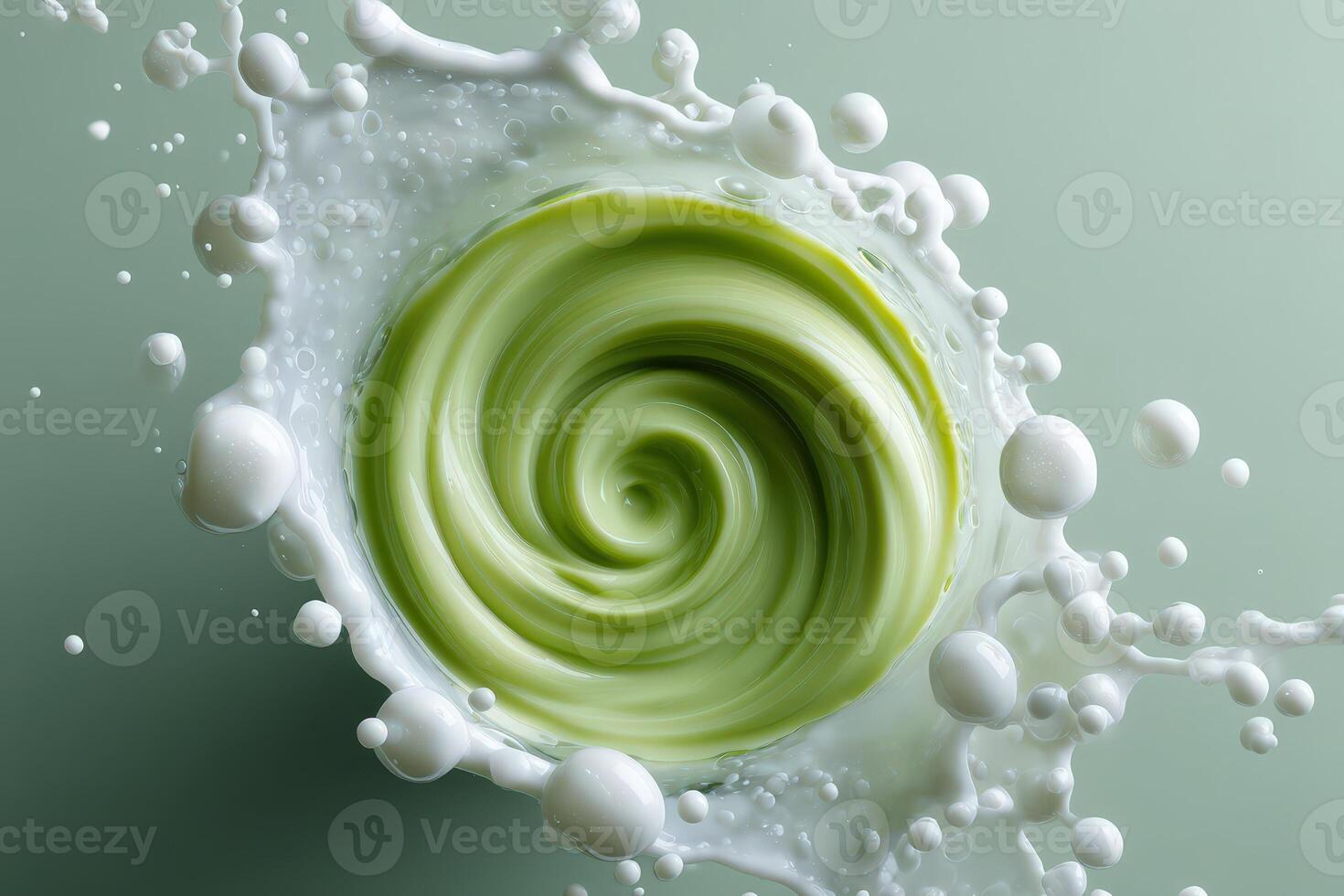 Matcha and milk swirling together in a macro shot during a bright kitchen setting photo