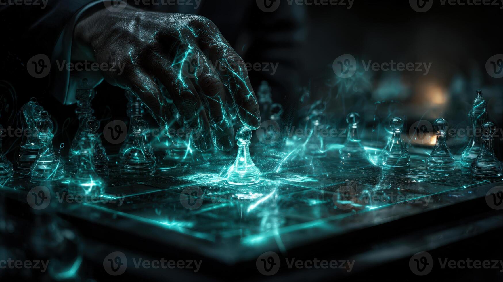 Glowing digital chessboard with a player's hand making a strategic move at night photo
