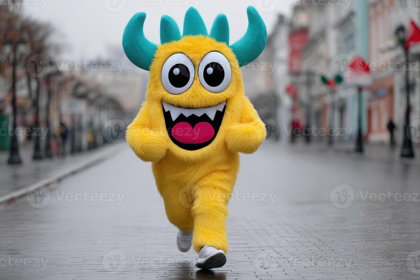 Person in vibrant monster mascot costume runs joyfully through a city street on a cloudy day photo