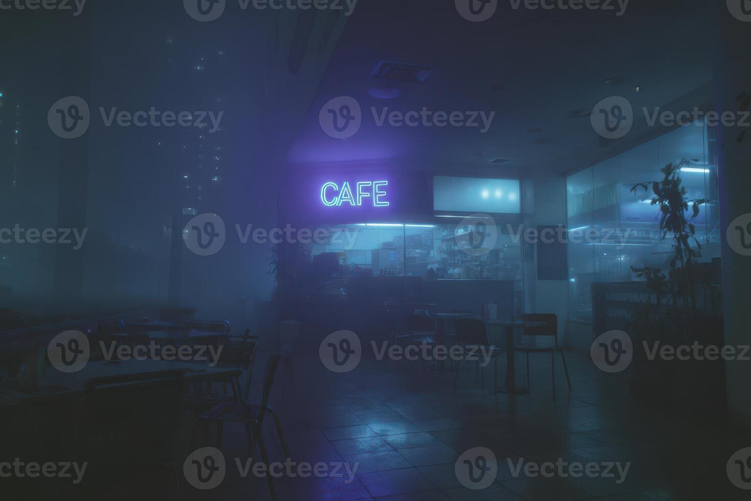 Evening ambiance at a downtown Miami coffee shop with neon lights photo