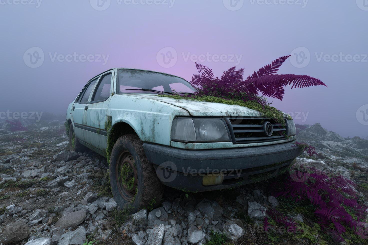 Exclusion zone features abandoned car overtaken by mutated plants in dense fog photo