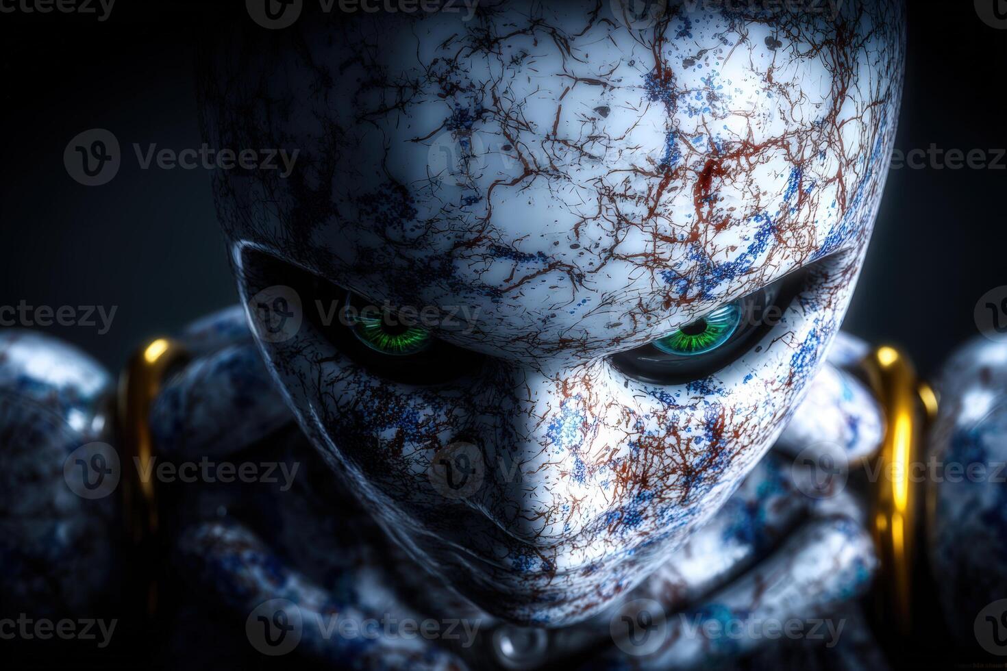 Futuristic robot with intricate design and captivating green eyes on display in dark setting photo