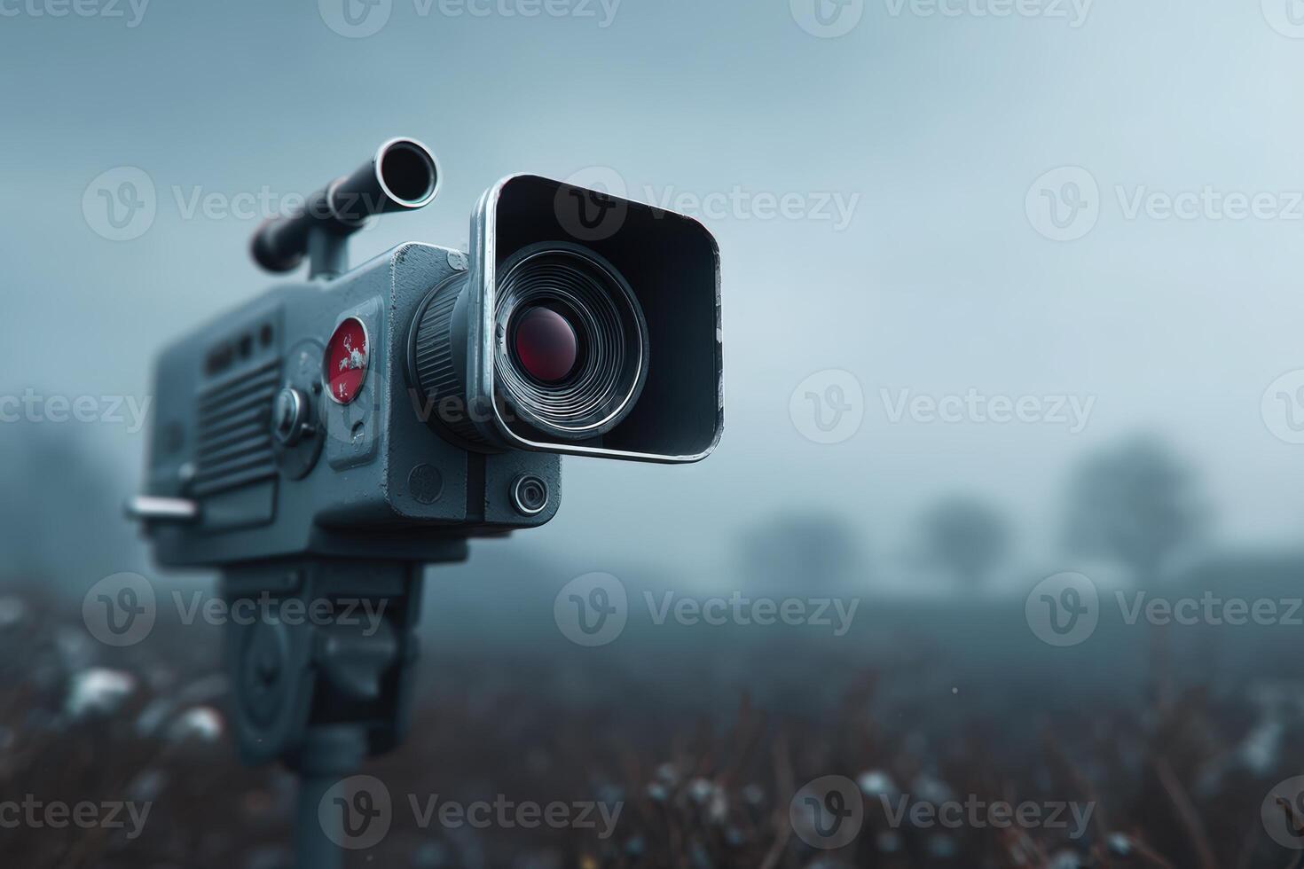 Vintage camera captures punk-style cinema in a misty field setting photo