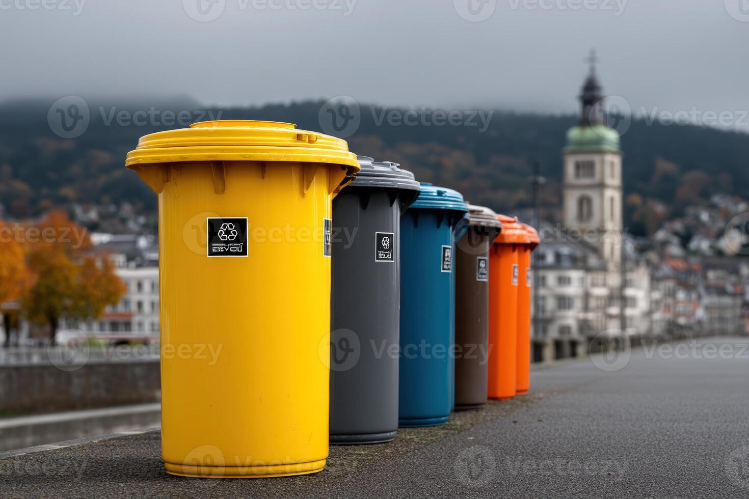 Row of colorful recycling bins on a street in Germany under a cloudy sky photo