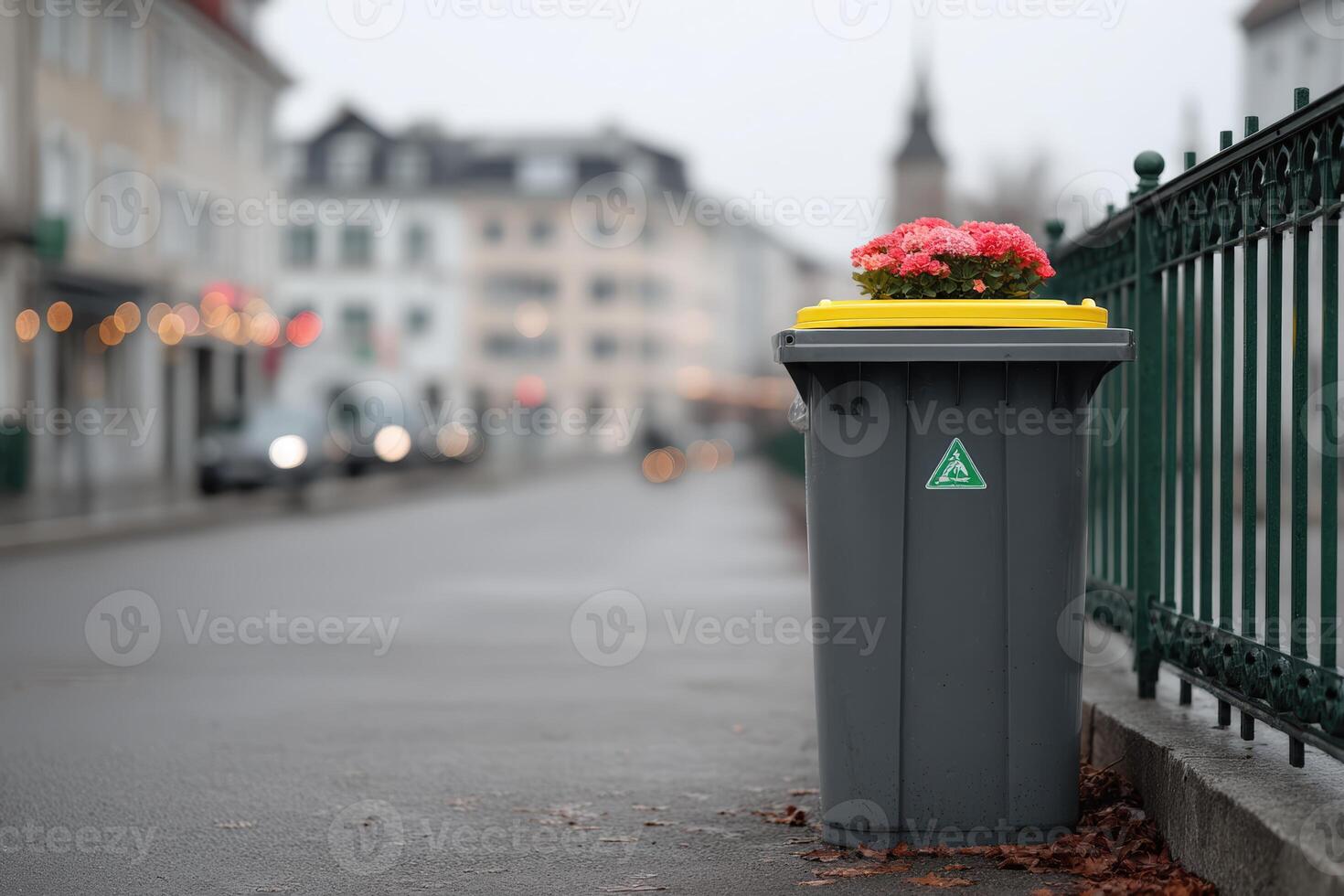 Improperly sorted waste bin on a quiet street during a cloudy day photo