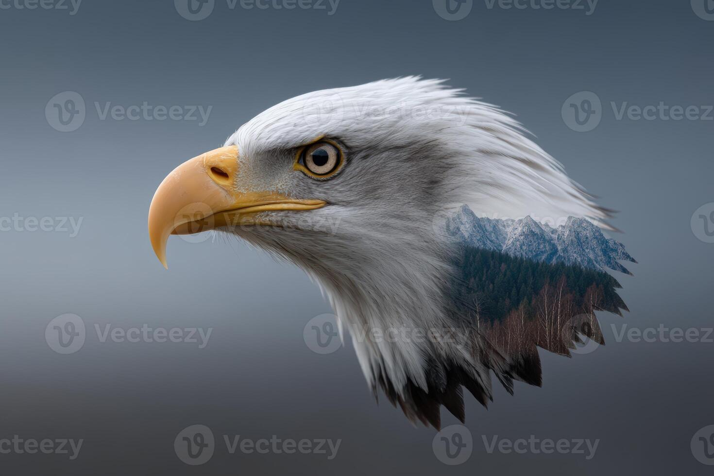 Majestic eagle soaring against a backdrop of rugged mountains at dusk photo