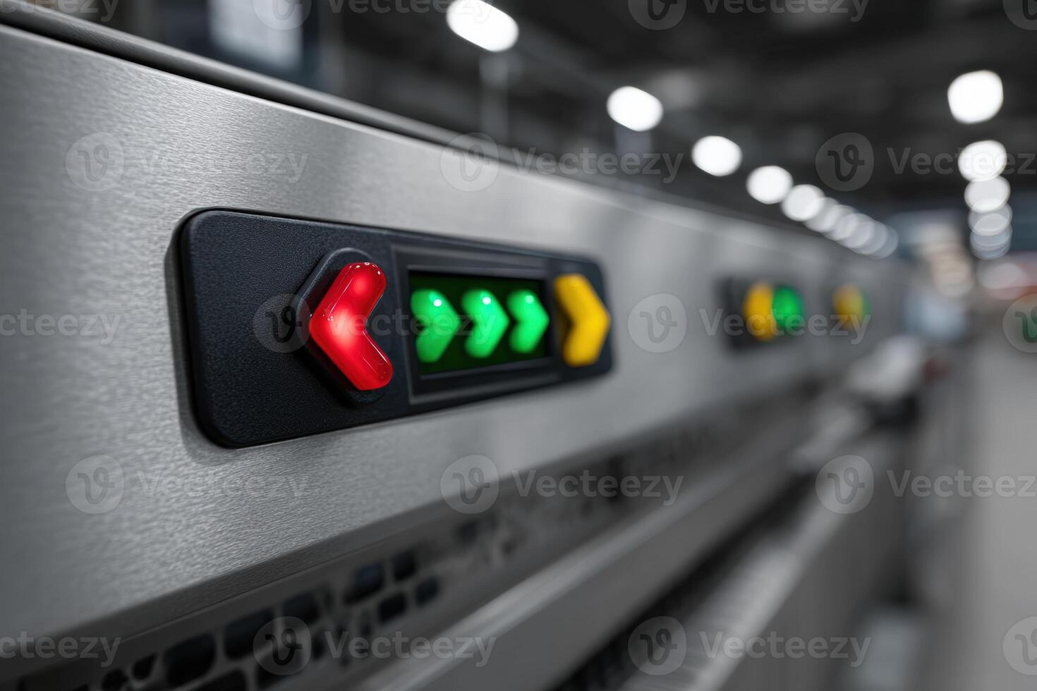 Glowing arrows highlight machine control interface in modern manufacturing facility photo