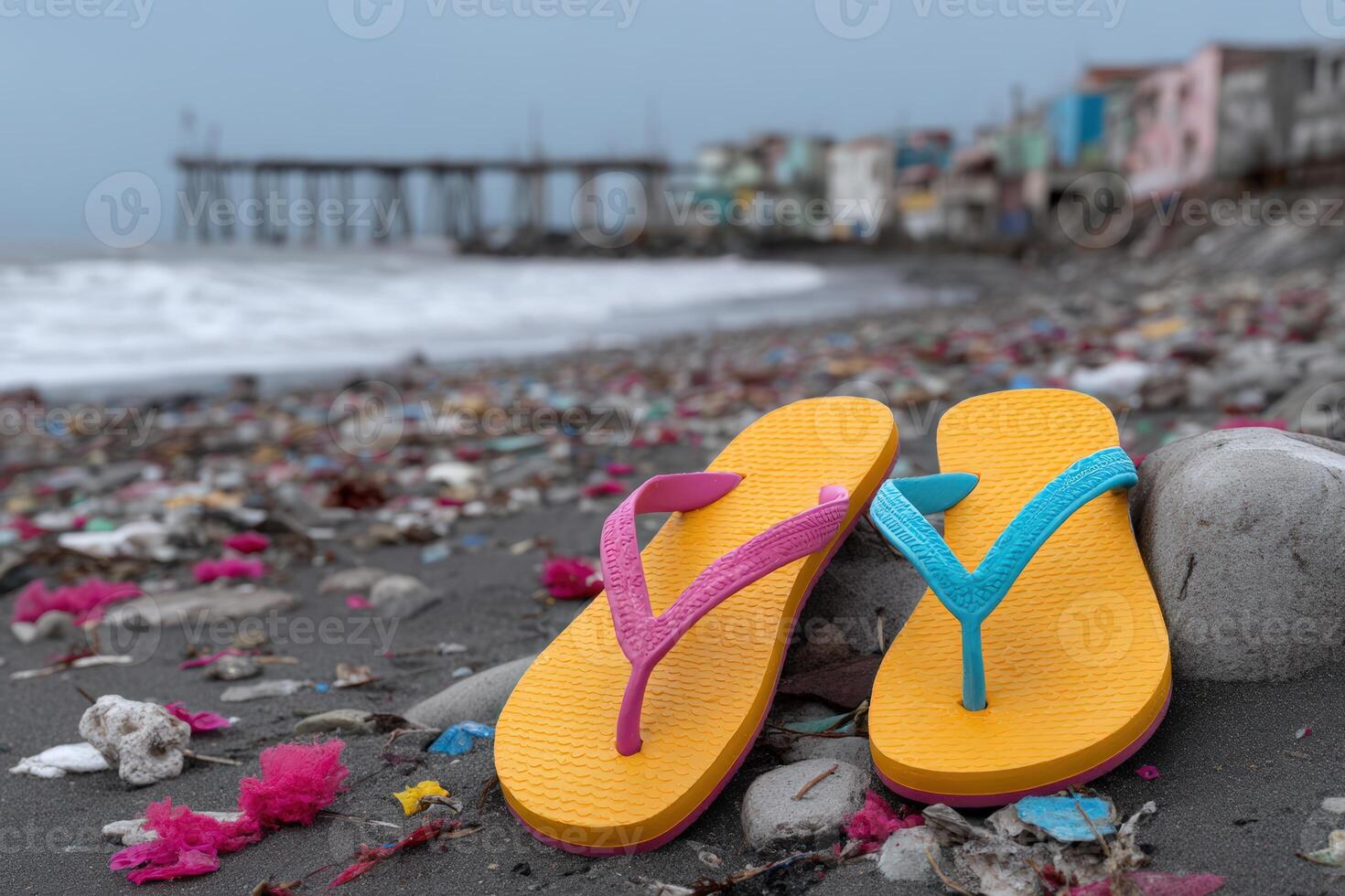 Flip flops covered in microplastics on a polluted beach near a pier during overcast weather photo