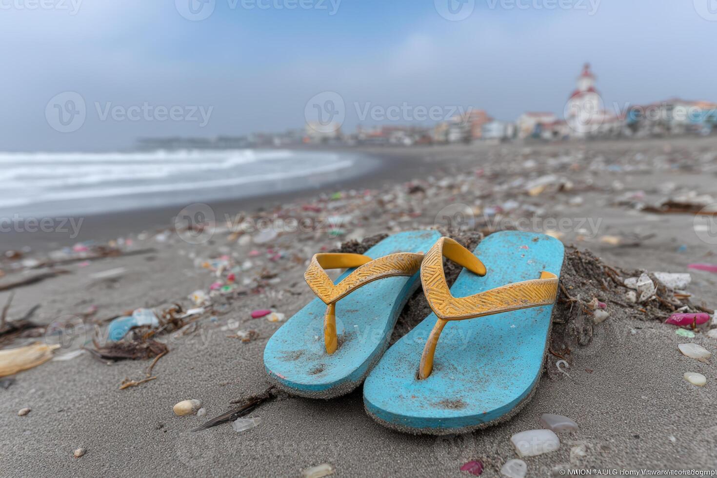Flip flop buried in microplastics on a polluted beach with distant buildings photo