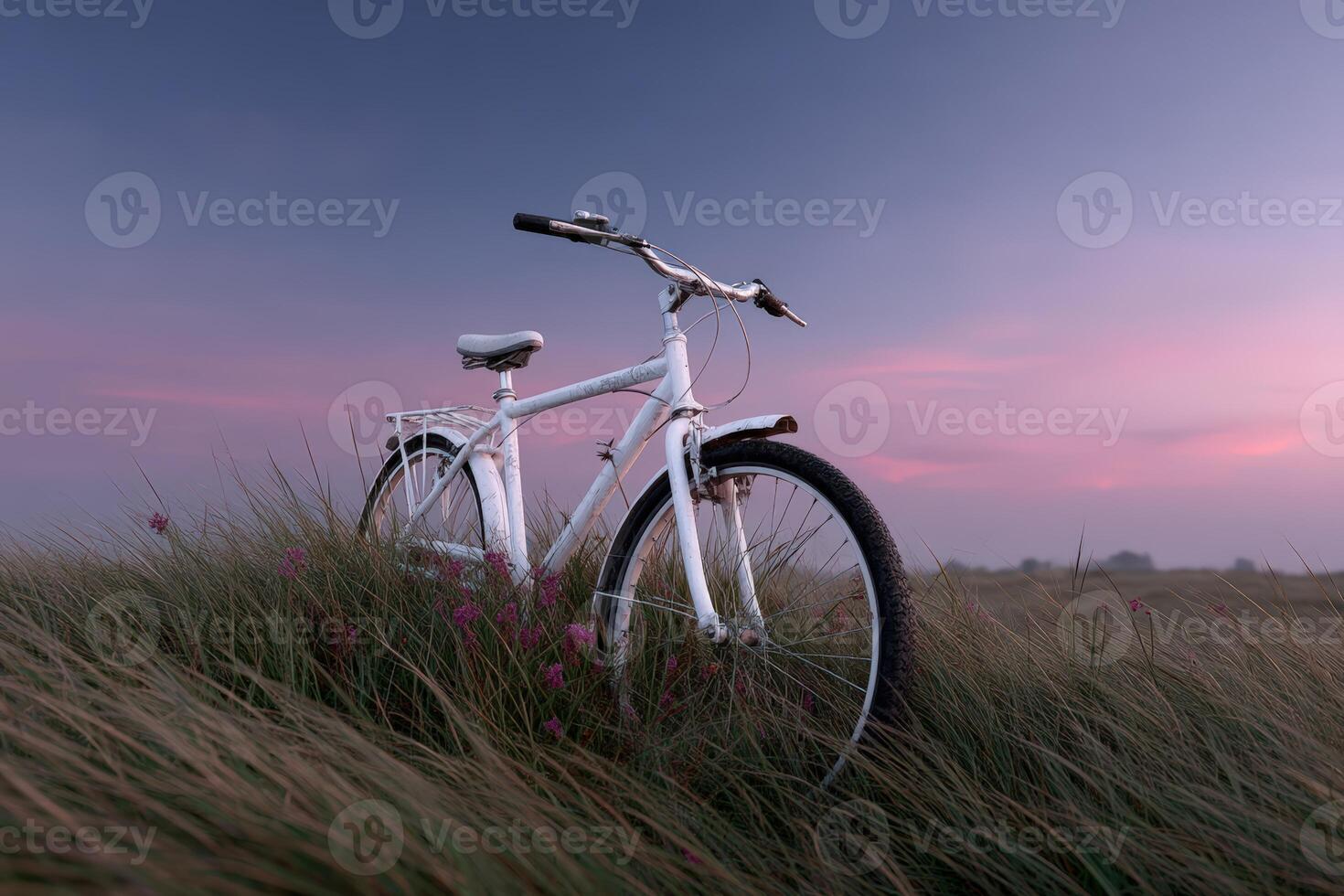 Bicycle standing in tall grass during golden hour light with colorful sky photo