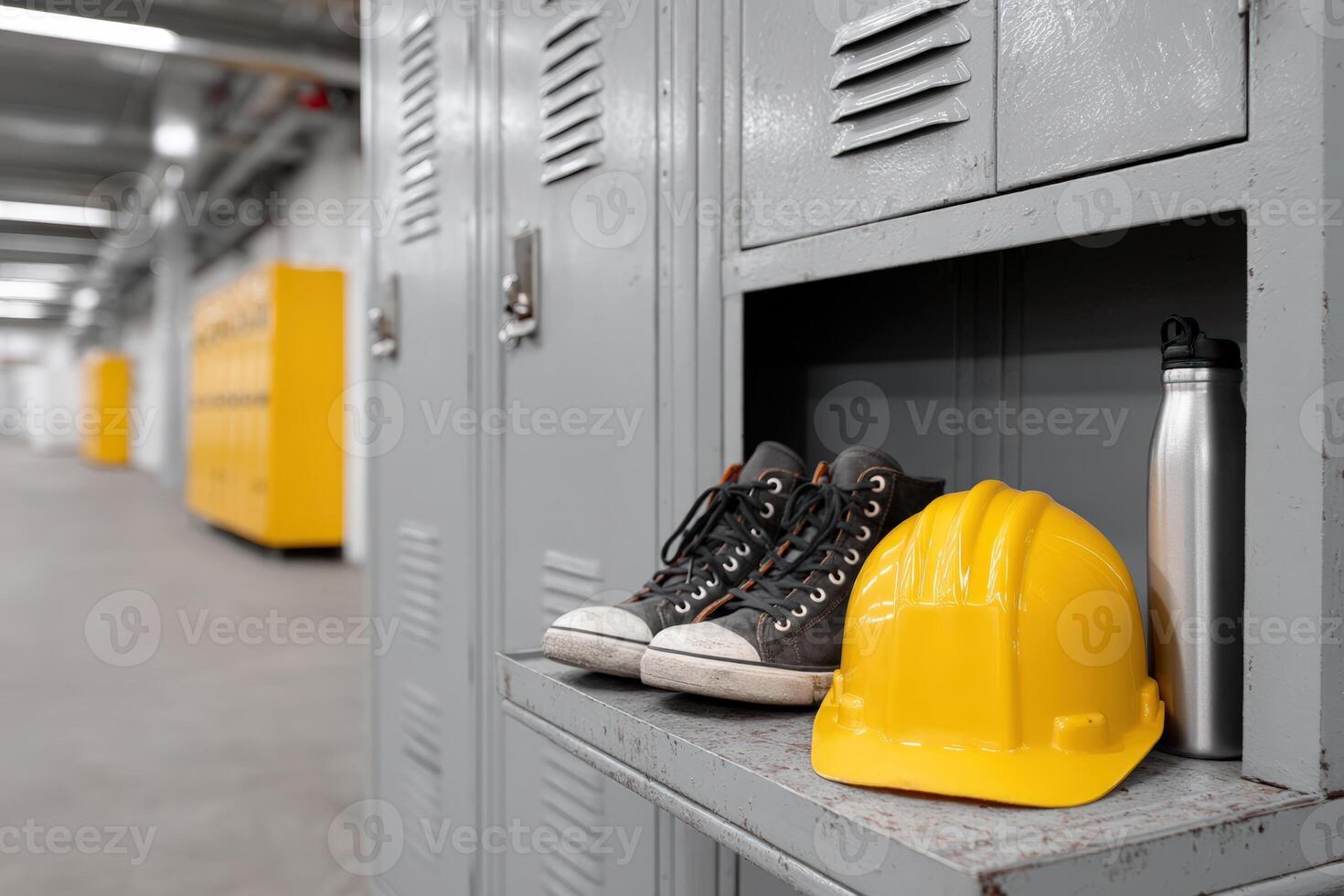 Workers gear on an open locker shelf in a corridor of an industrial facility photo