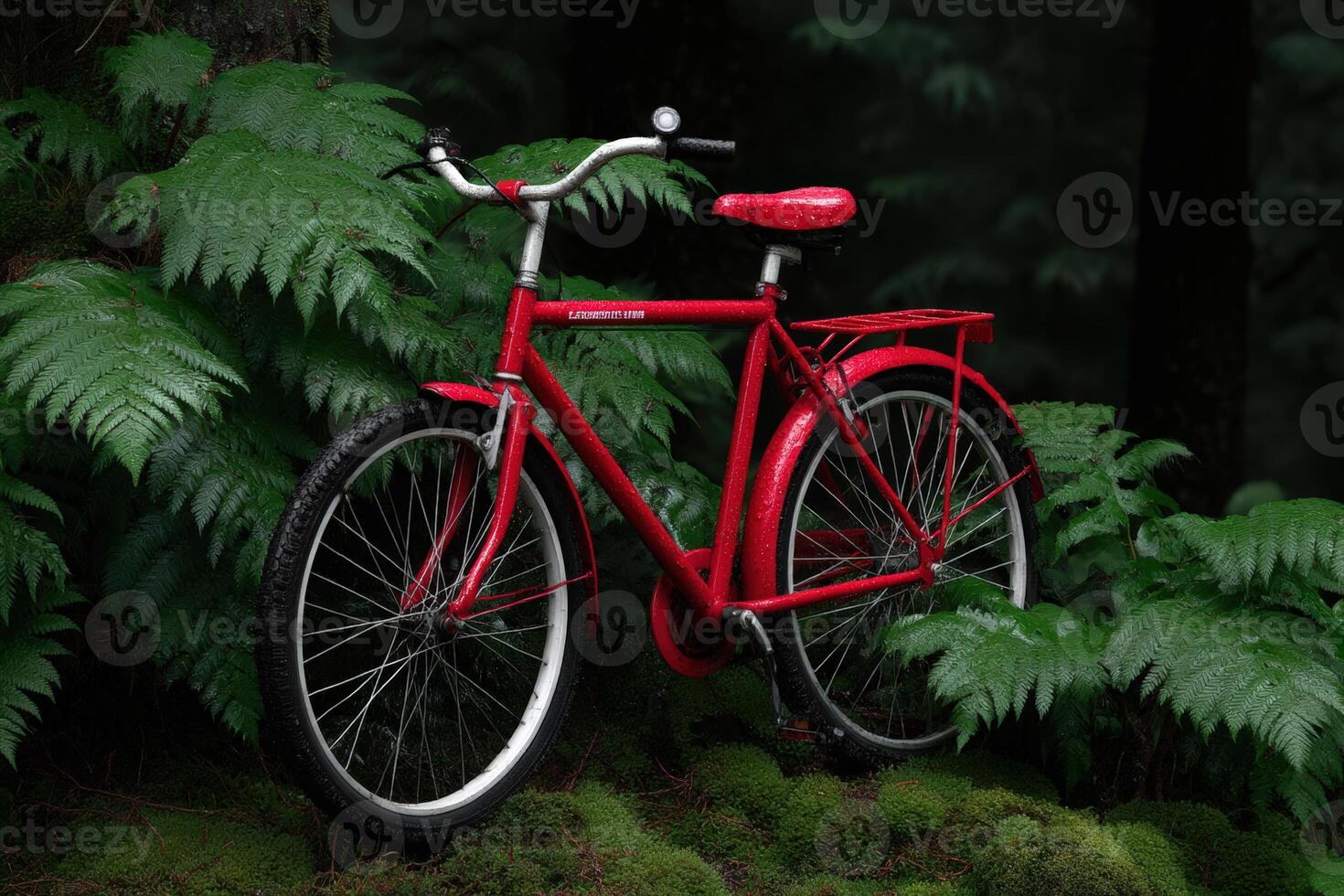 Bright red bicycle blends into dense jungle foliage creating a vivid nature contrast photo