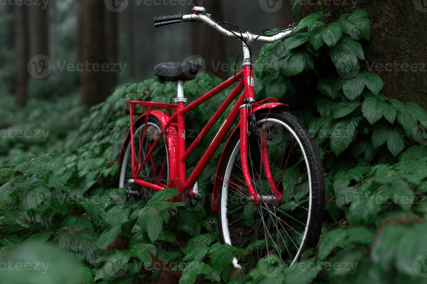 Bicycle partially hidden in dense jungle overgrowth during a rainy season adventure photo