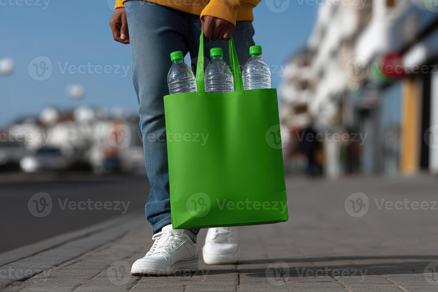 Person carrying a green bag filled with empty plastic bottles while walking on the street photo