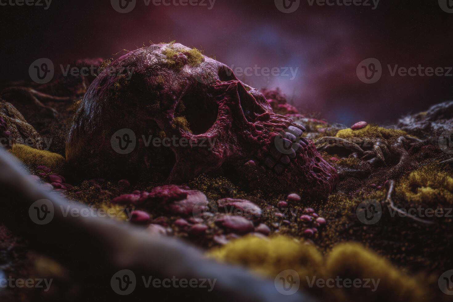 Eerie skull resting among moss and stones in a dark forest setting photo