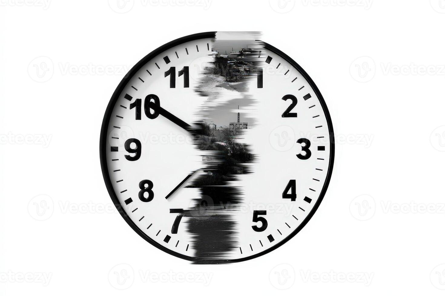 Glitched clock face displaying reversed numbers and distorted time representation photo