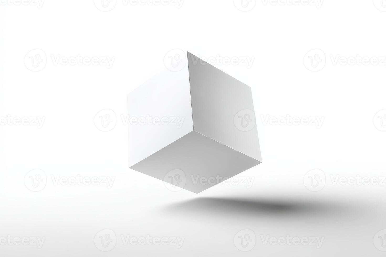 Broken cube with inverted corners suspended over a smooth white background photo