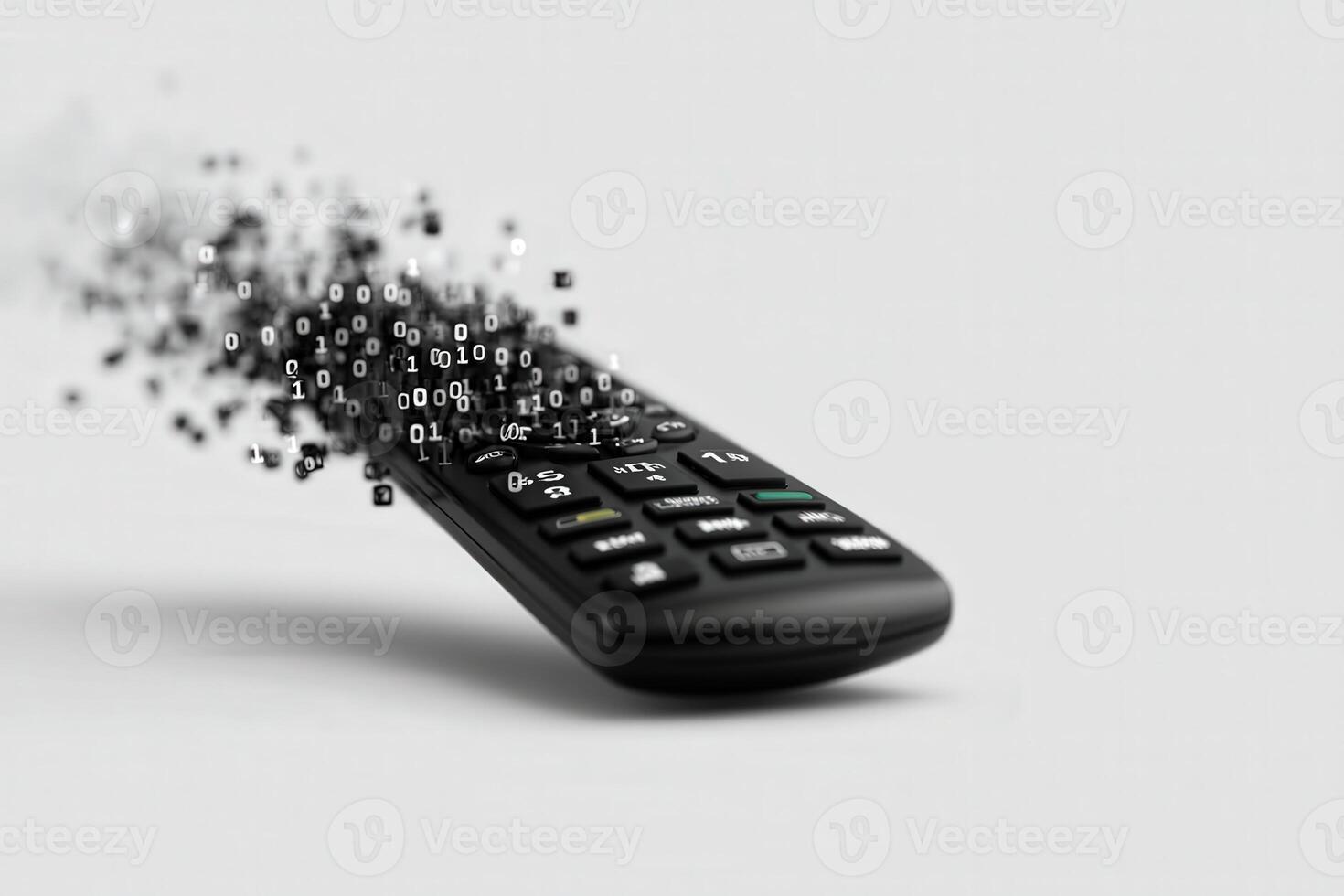 Remote control dissolving into binary code creates a visual representation of digital transformation photo