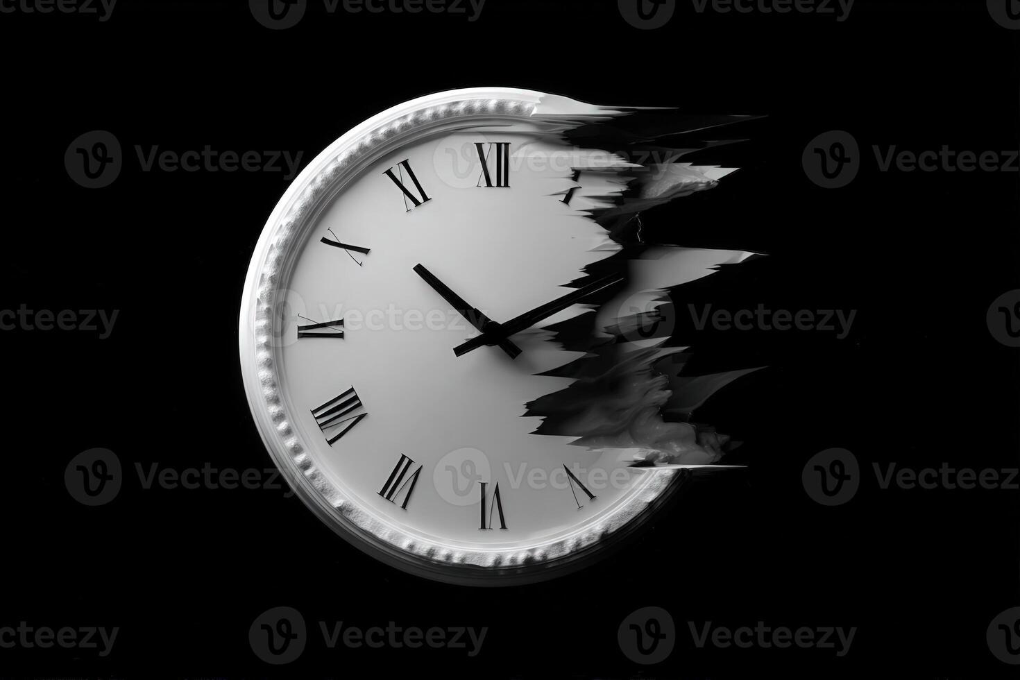 Conceptual representation of time distortion through a clock with reversed numbers and glitch effects photo