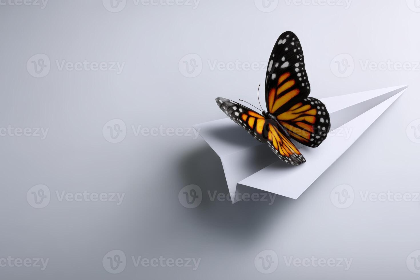 Paper plane transforms mid-air into a vibrant butterfly over a minimalistic background photo