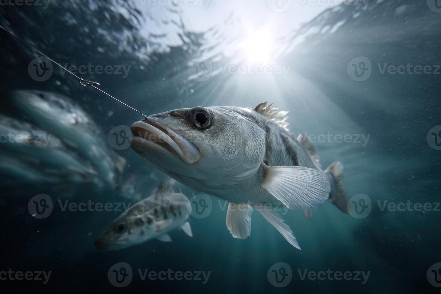 Fish caught on a hook under water while competing for bait in bright sunlight photo