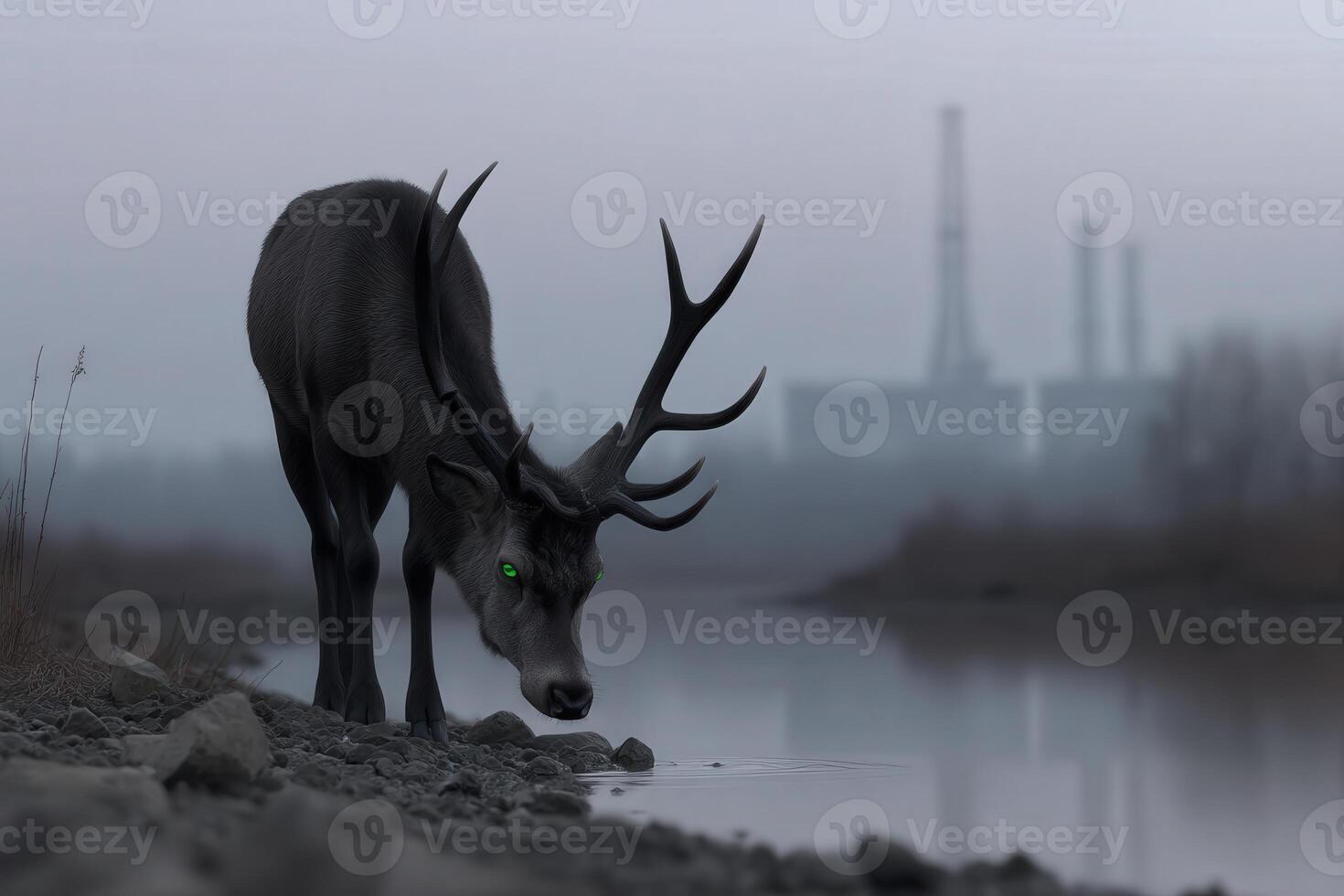 Deer with glowing green eyes drinks water by the foggy riverside at dawn photo