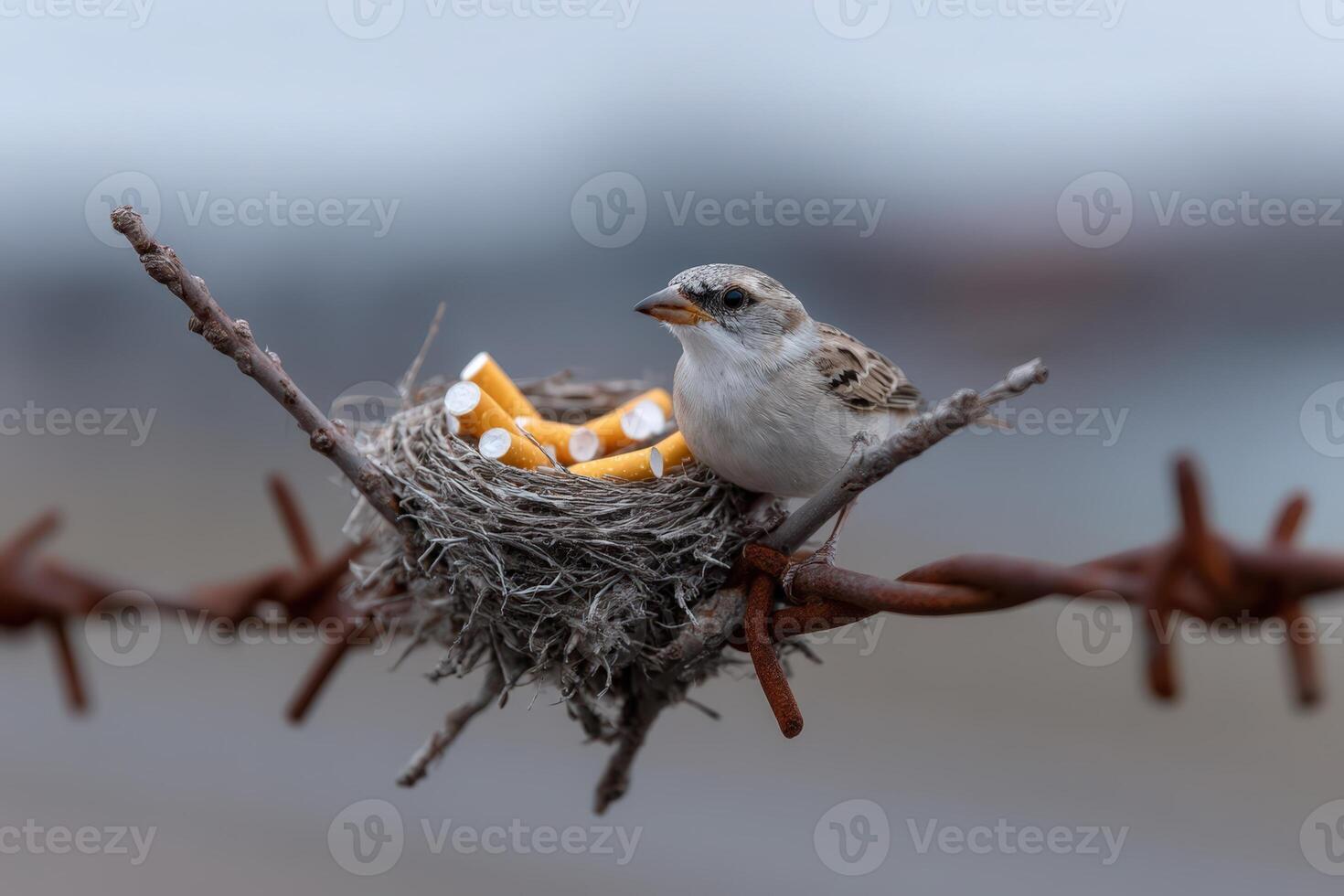 Unique nest made from wires and cigarette butts next to a small bird sitting quietly photo