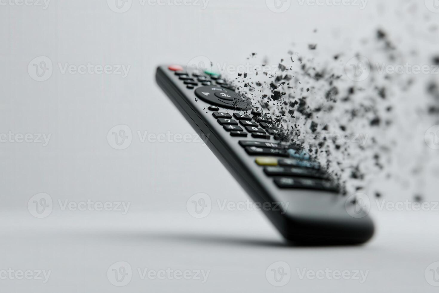Remote control dissolving into binary code illustrates digital transformation process photo
