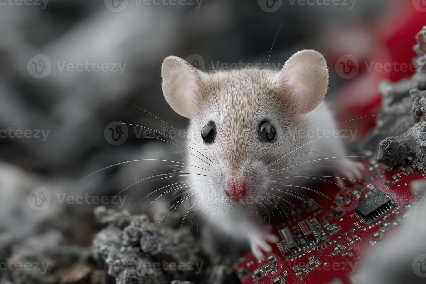 Curious mouse explores glowing old circuit board in a heap of electronic waste photo