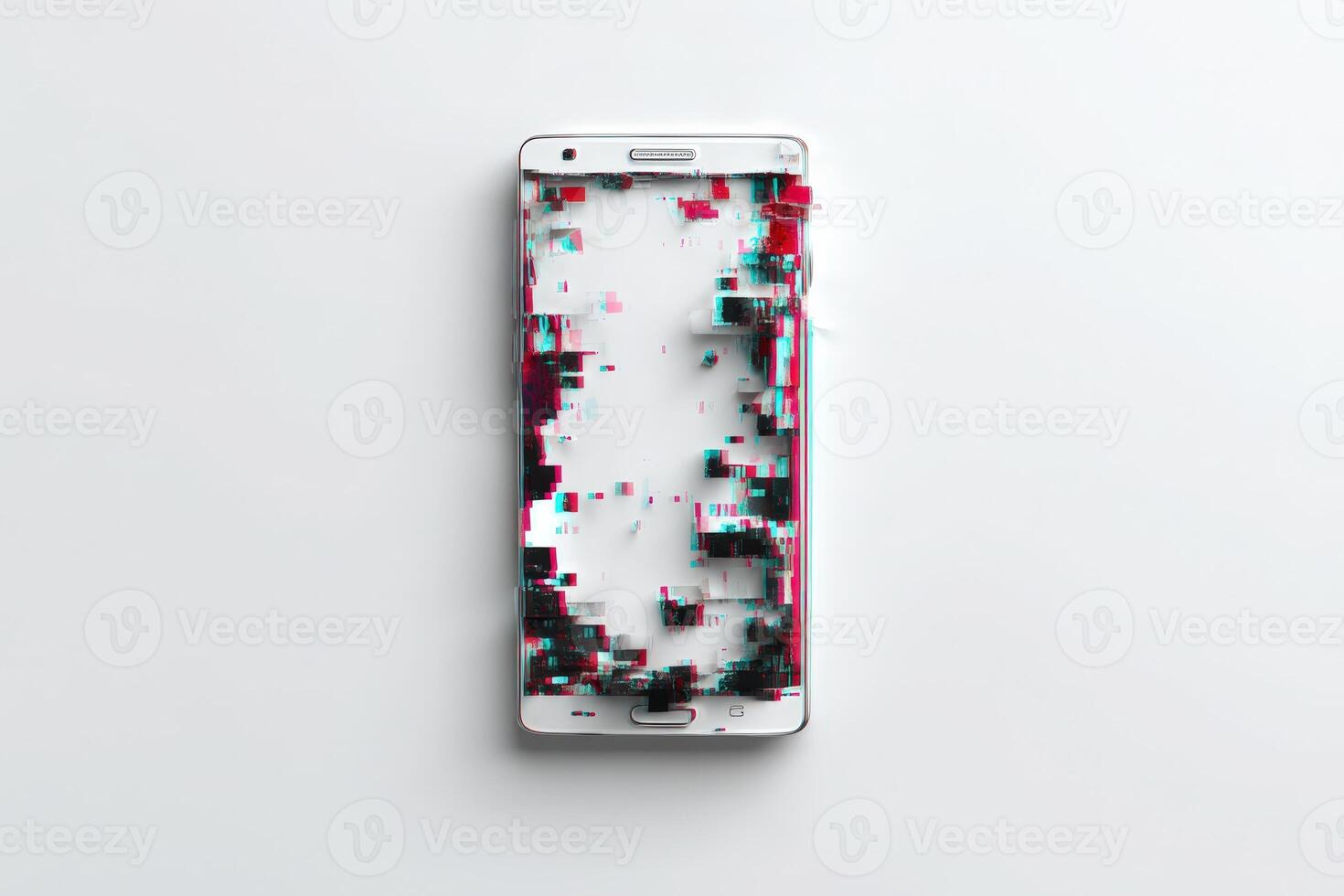 Smartphone screen distortion with colorful pixelation in a minimal setting photo