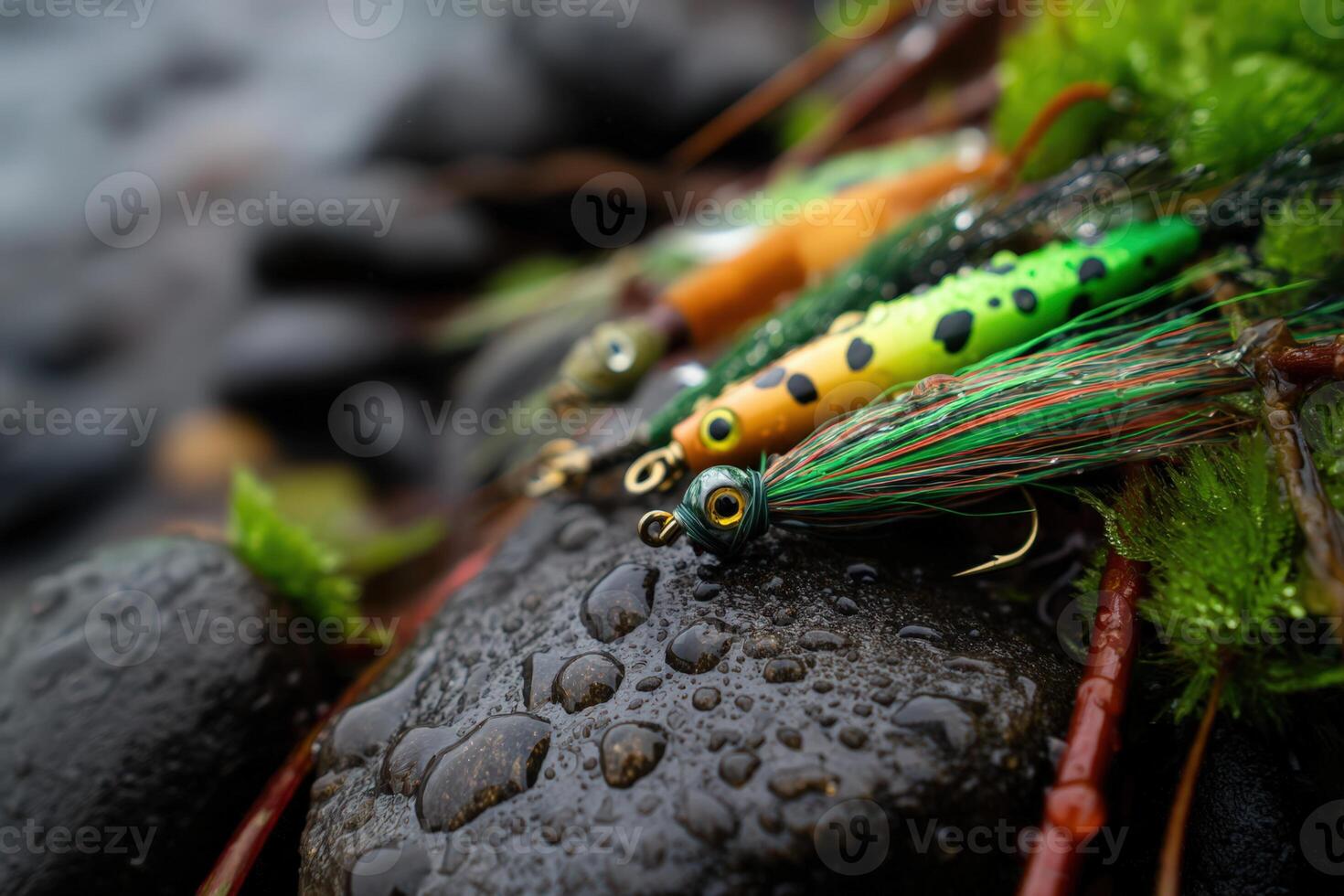 Close-up view of colorful fishing gear on wet rocks near a riverbank photo