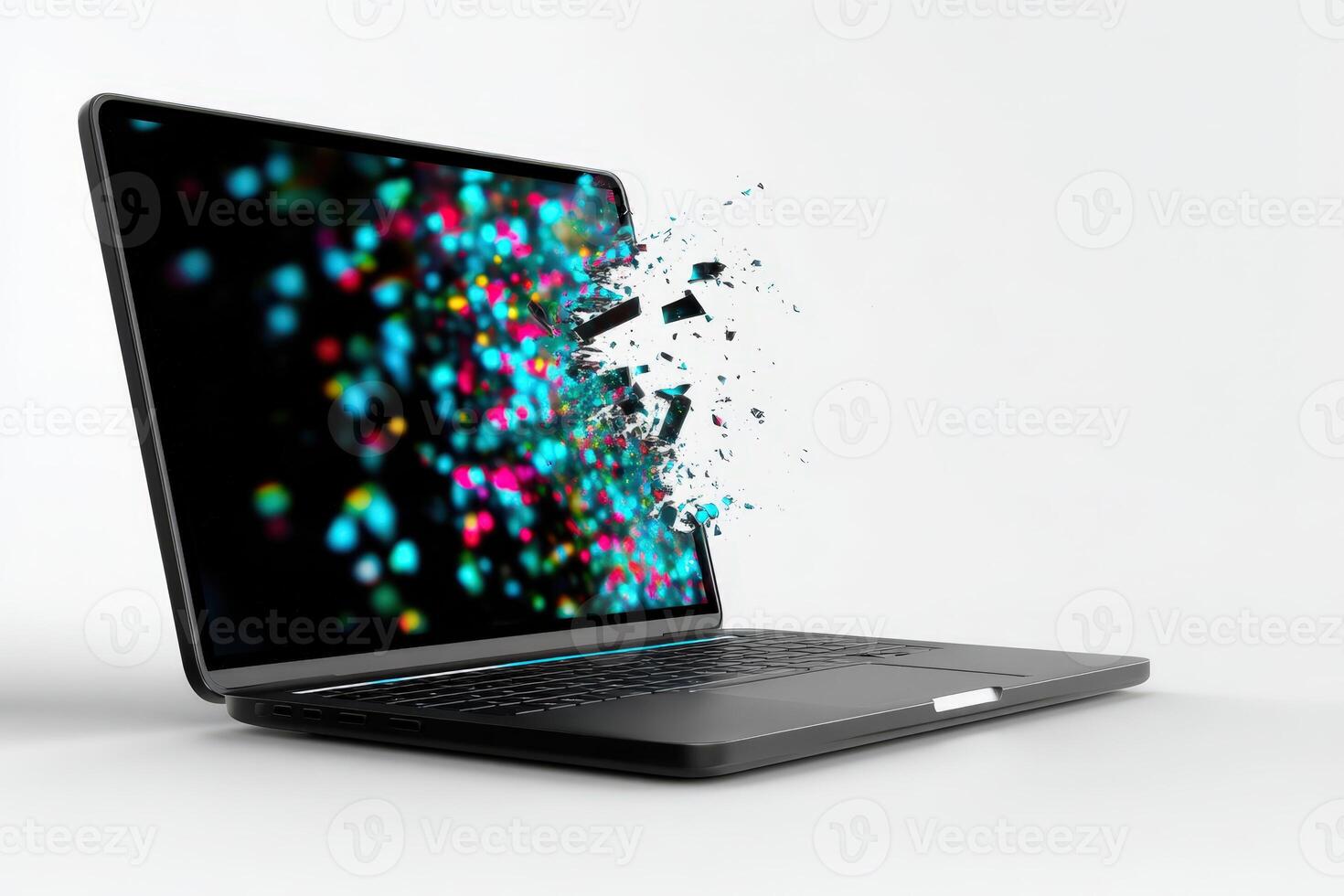 Laptop with broken hinge and screen bleeding displays vibrant visual distortion and damage photo