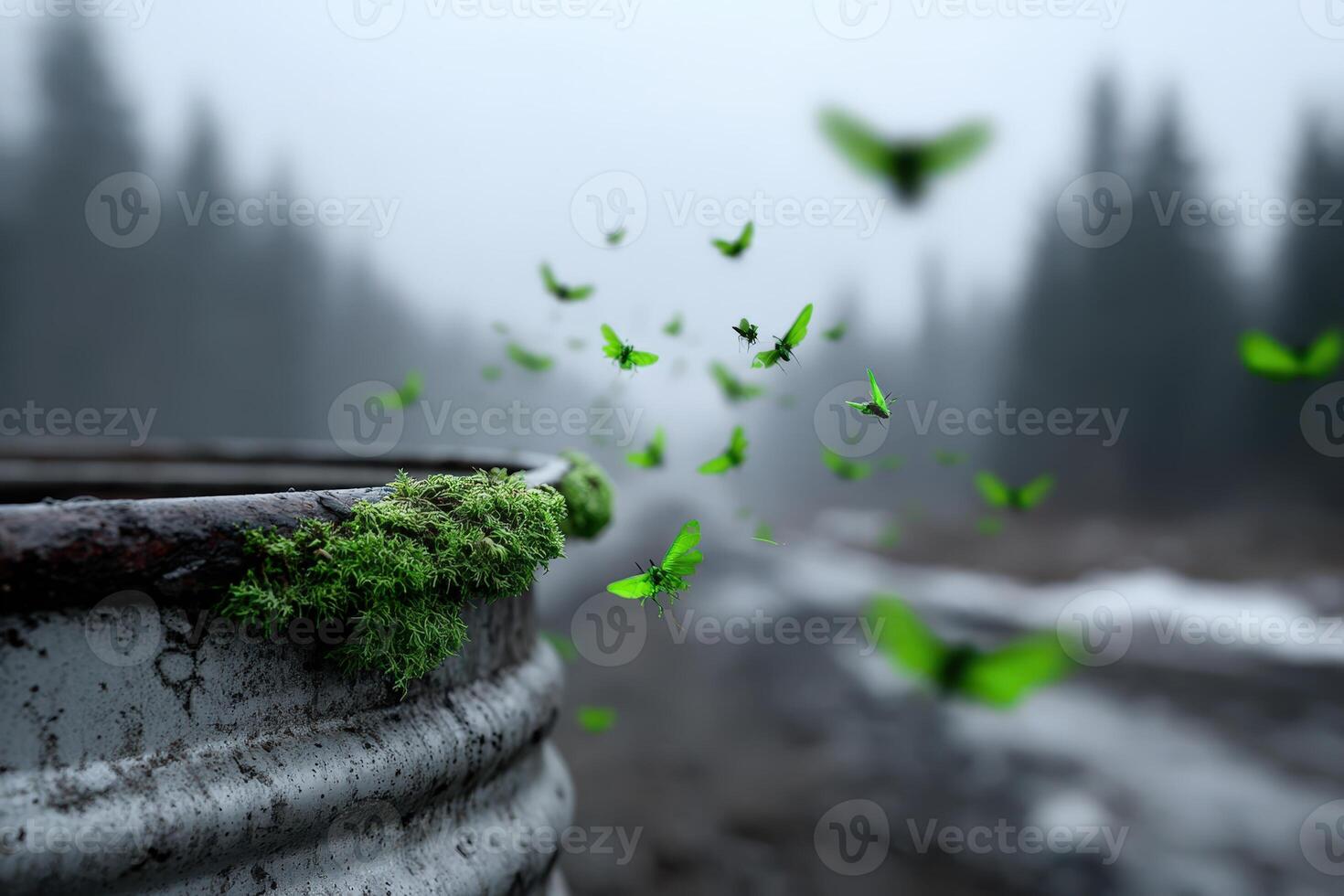 Swarm of insects surrounds a leaking chemical drum in a misty forest environment photo