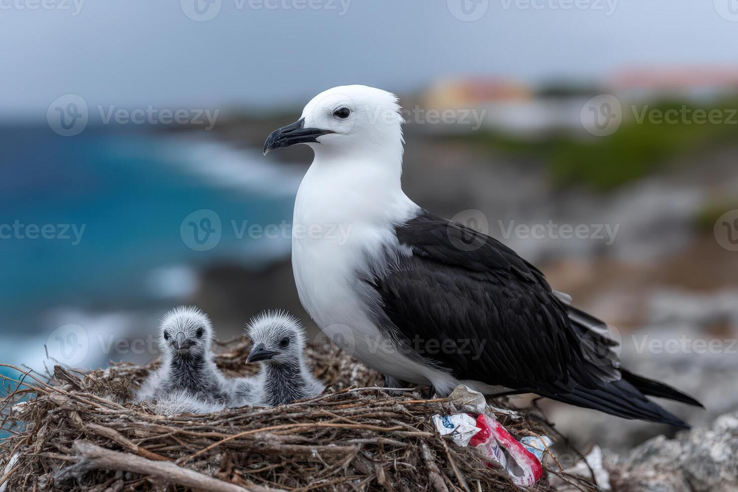 Bird feeds plastic shards to chicks in their coastal nest near the ocean photo