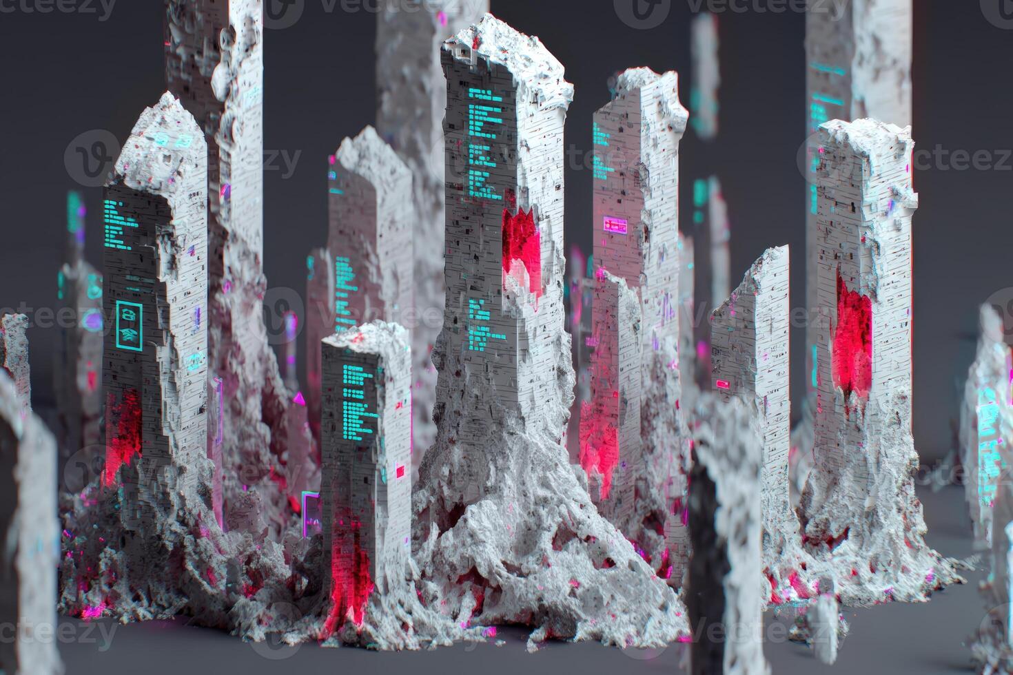 Surreal render of futuristic cityscape with abstract structures and glowing elements at dusk photo