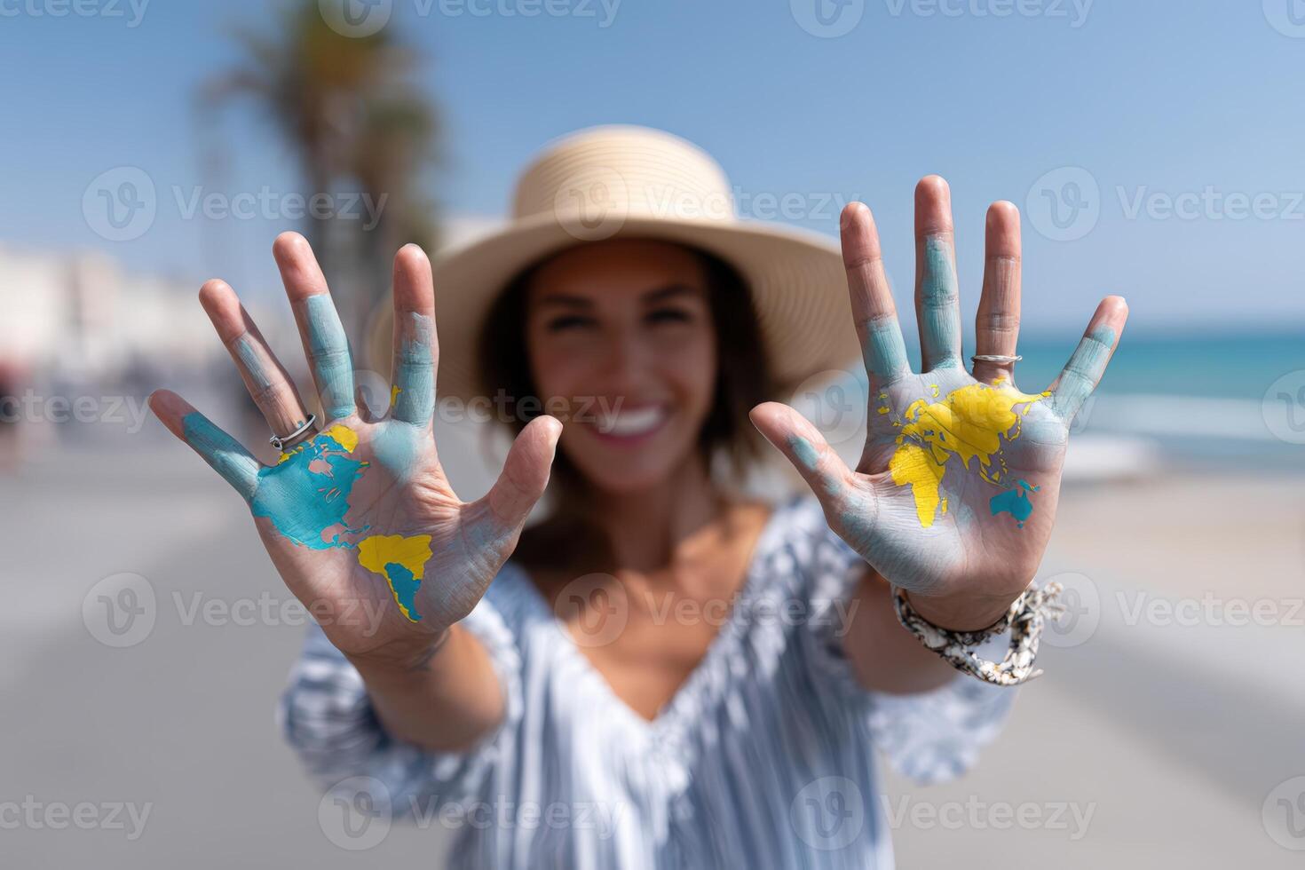 Elegant feminine hands painted with world map under bright sun photo