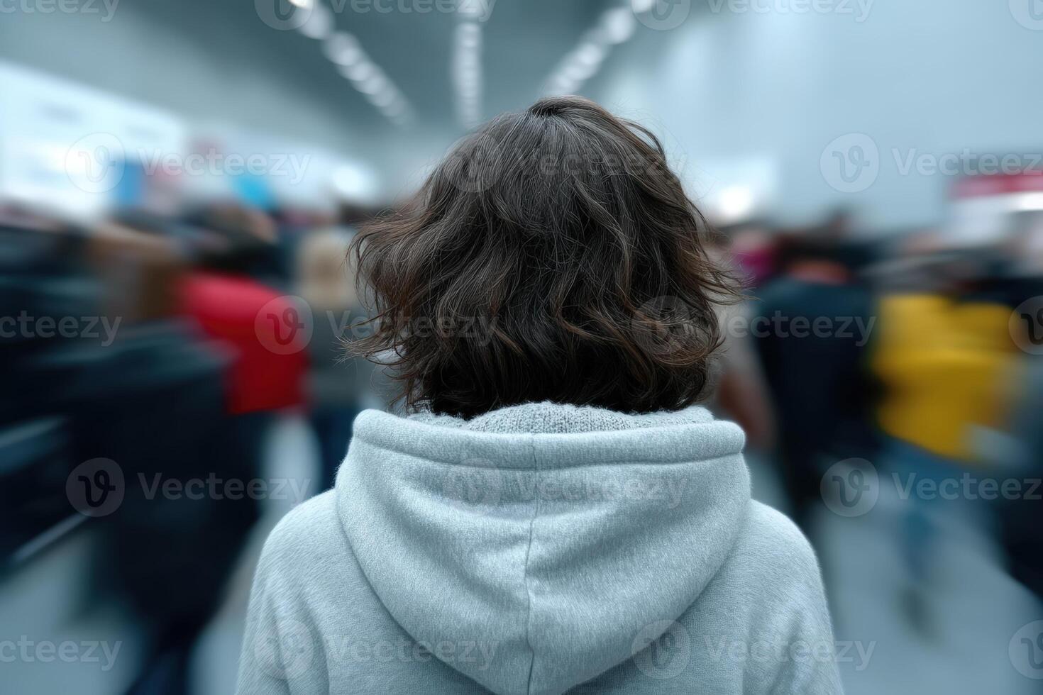 Walking alone in a blurred crowd during a busy event in an urban setting photo