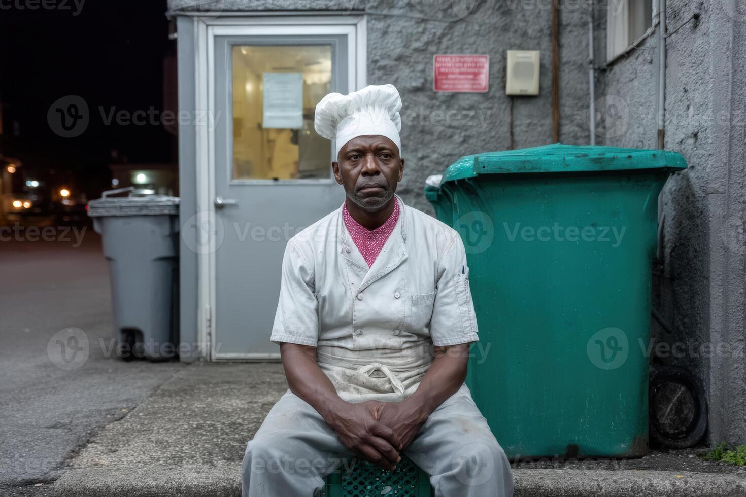 Chef takes a break behind a diner sitting on a crate in the evening photo