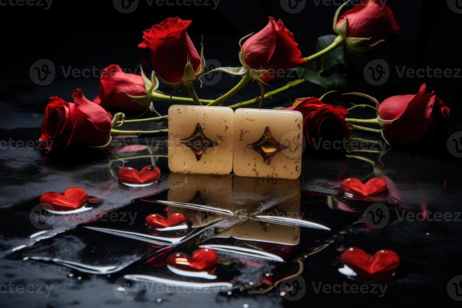 Dramatic tic-tac-toe with roses and heart decorations in a reflective setting at night photo