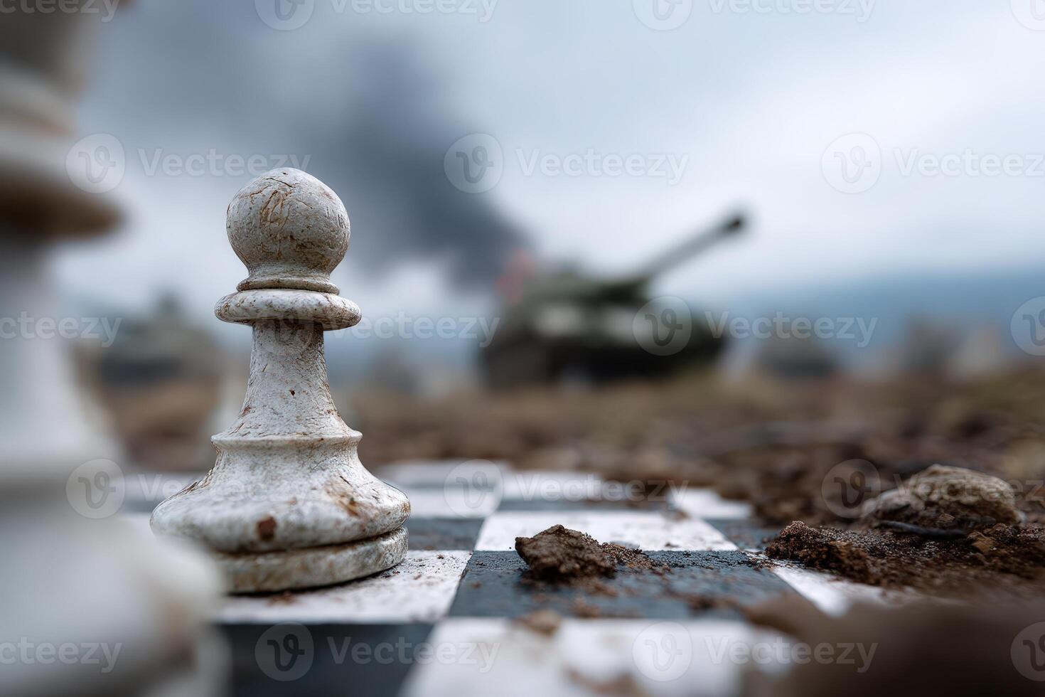 Chess piece in foreground with battle tank in background during an overcast day photo