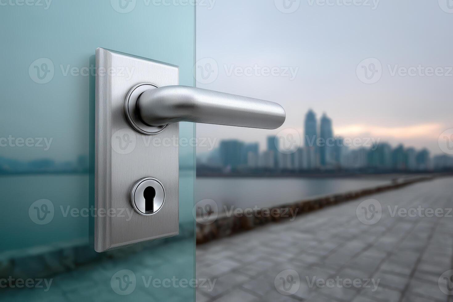 Minimalist glass door handle with cityscape view in the background during dusk hours photo