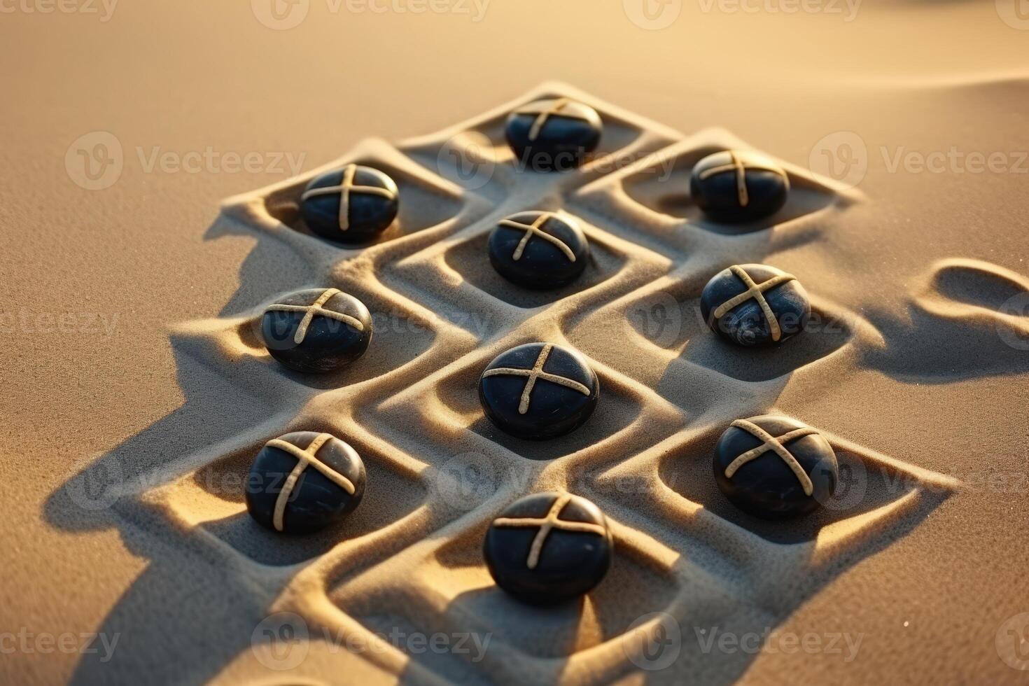 Grid pattern in sand created with seashells at a serene beach during sunset photo