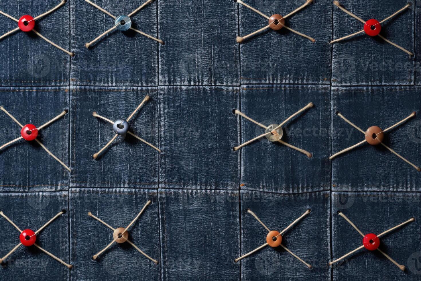 Creative tic-tac-toe game crafted with strings and buttons on denim fabric photo