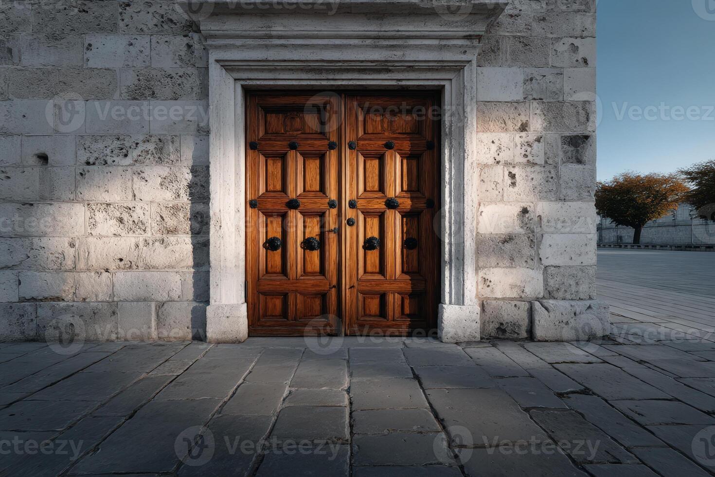 Wooden door with intricate carvings and rustic charm on a beautiful stone building photo