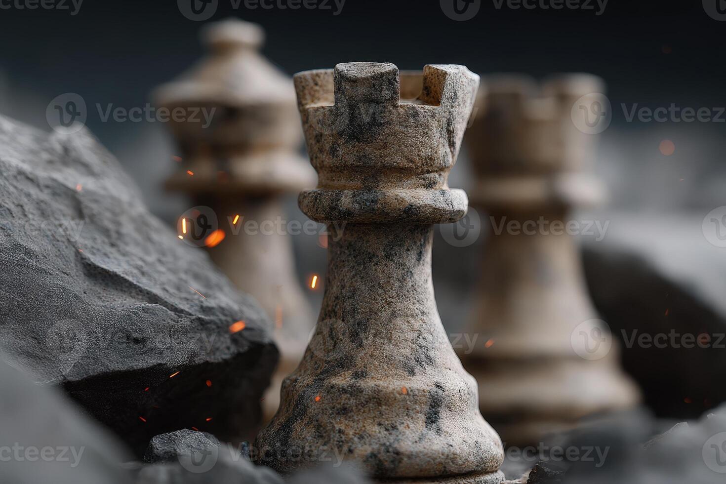 Fantasy chess battlefield with stone rooks surrounded by mystical elements and dark terrain photo