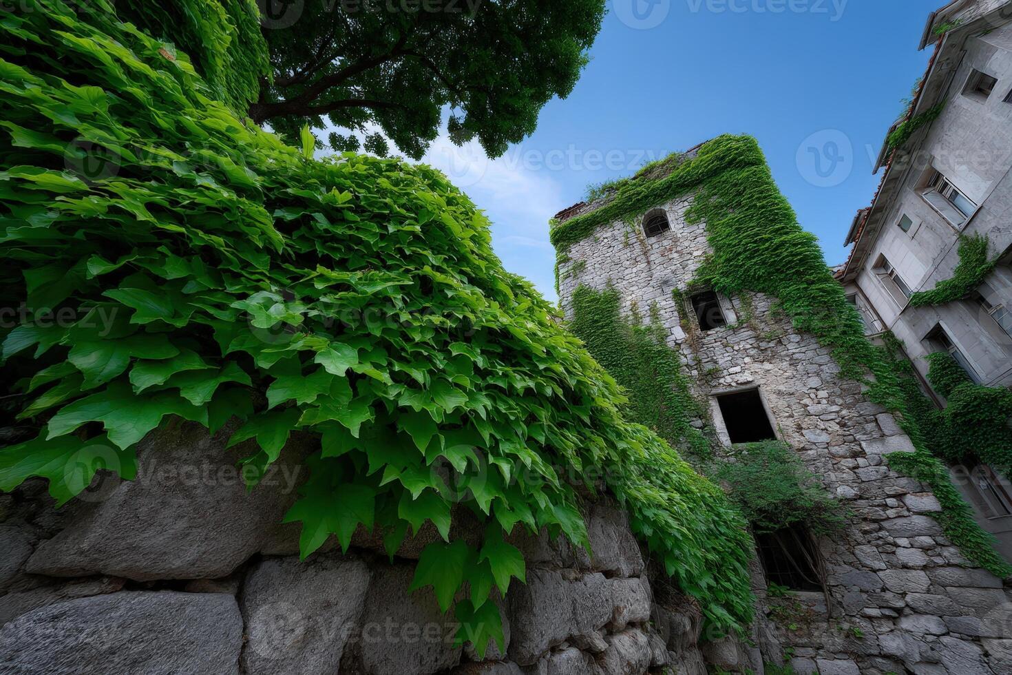 Broken windows of abandoned office building covered in green ivy during daytime photo