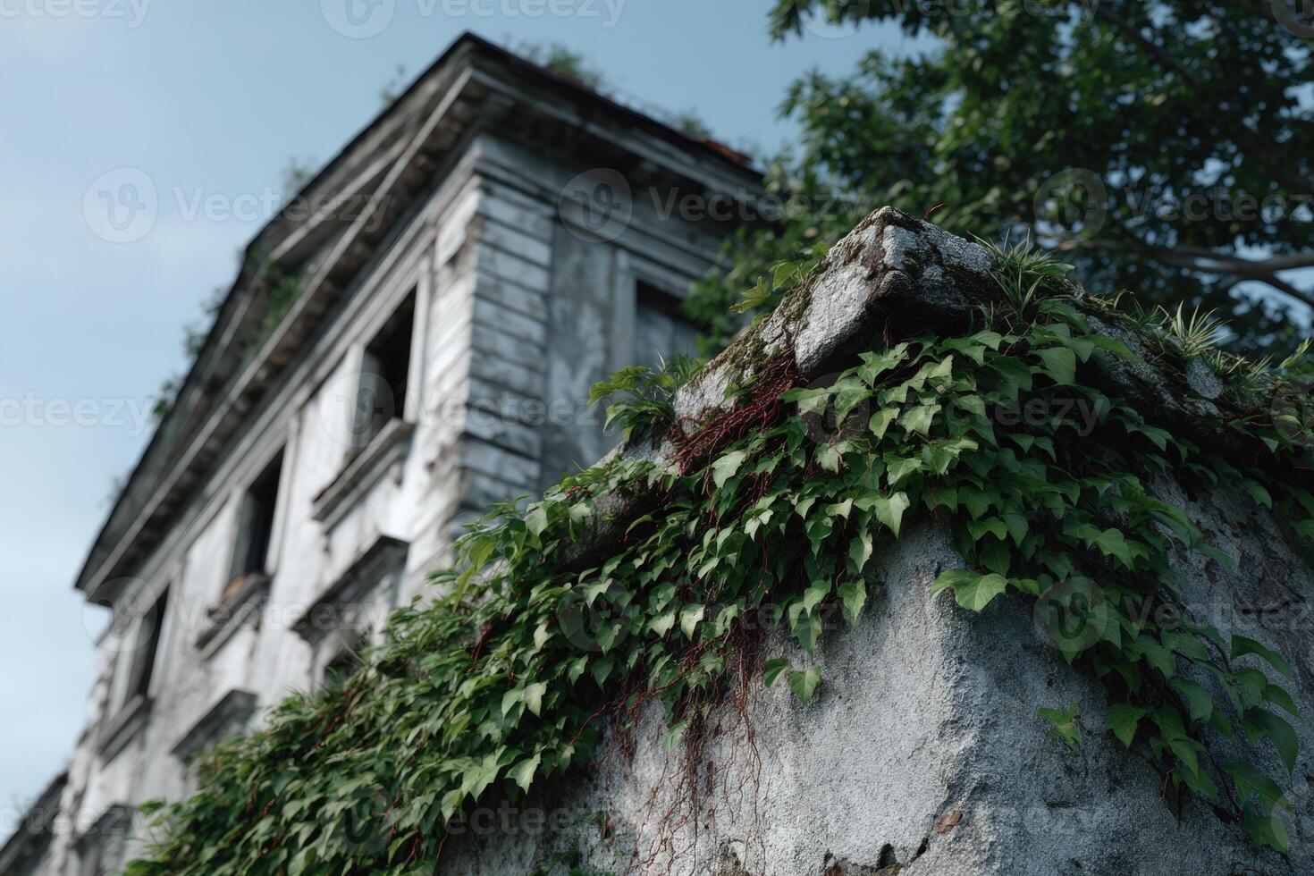 Office building showing decay with broken windows and overgrown greenery in a forgotten area photo
