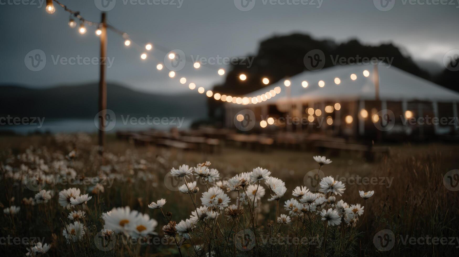 Glowing wildflower meadow at dusk with string lights illuminating a peaceful gathering photo
