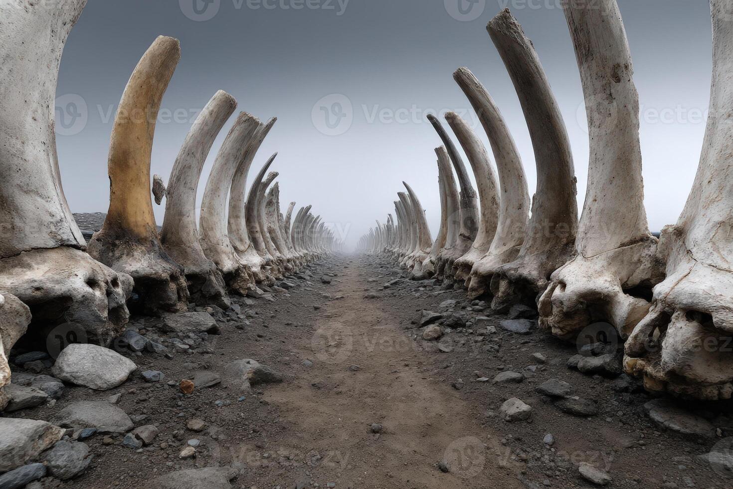 Fossilized bone corridor leads through a mysterious landscape at dusk photo